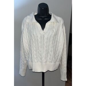 Crescent Robin Polo‎ Collared Long Sleeve Cream Ivory Sweater  Sz L Women's